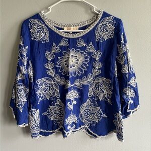 Anthropologie Solitaire Top Embroidered Shirt Blue Boho Peasant Cottage Women M